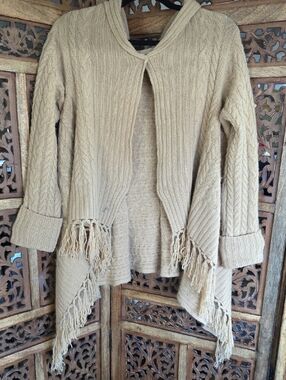Ralph Lauren Cream Cable Knit Fringe Open-Front Cardigan